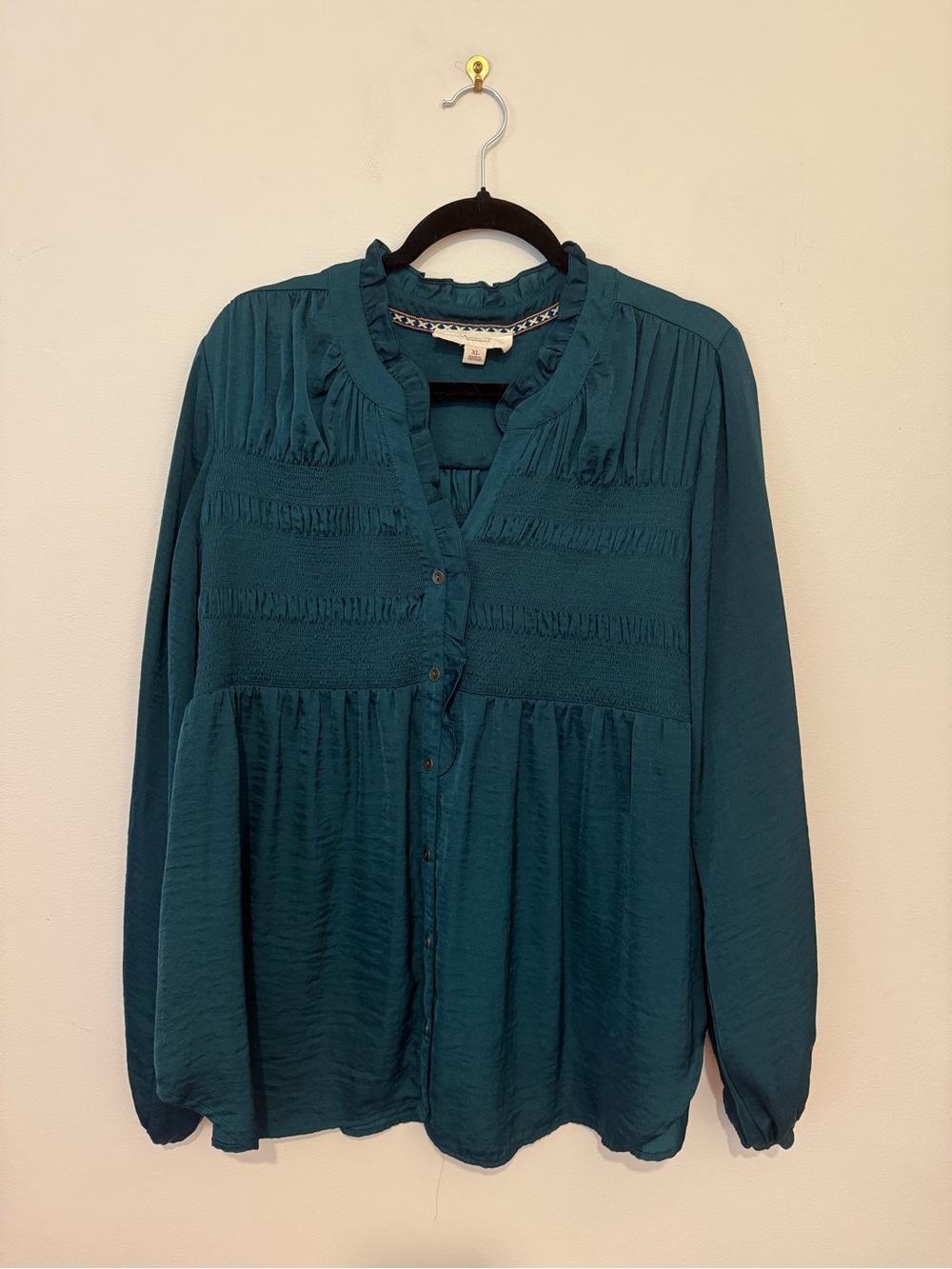 Nurture by Westbound Deep Emerald Green Ruffled Button-Up Blouse